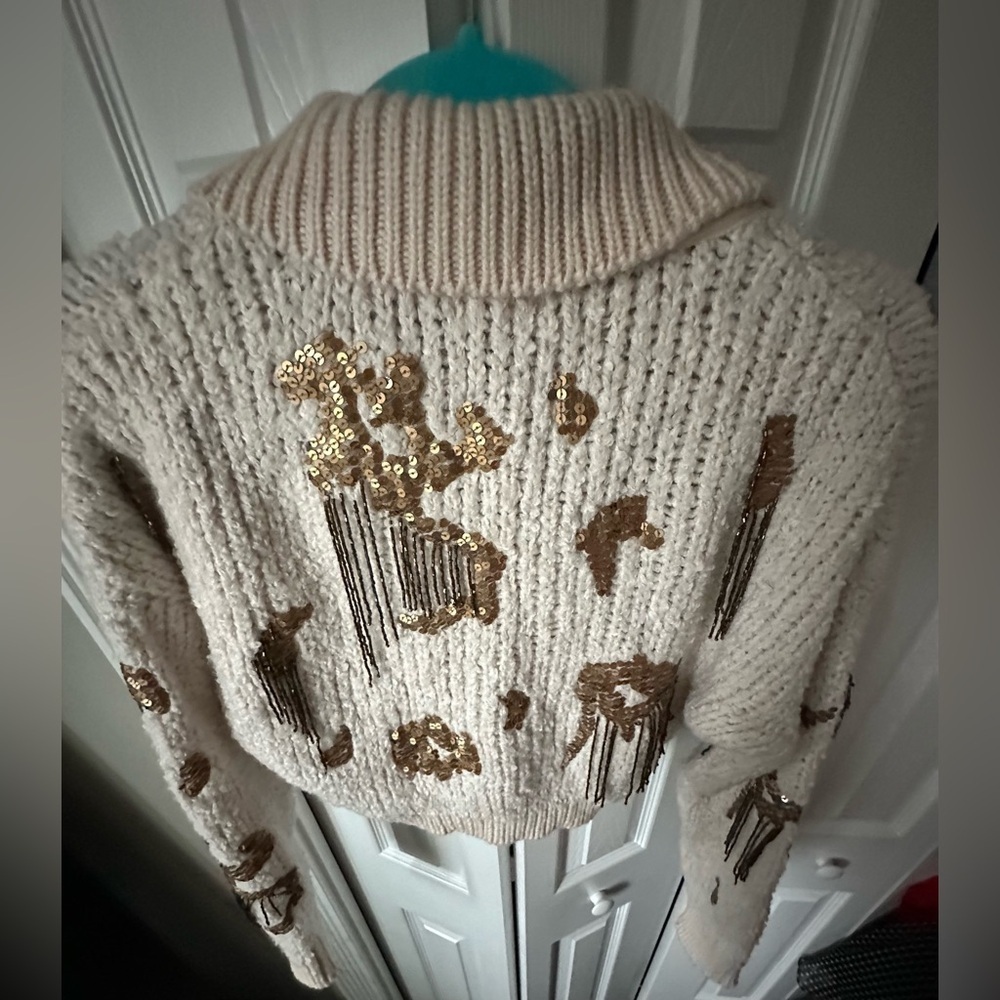 RARE ANTHROPOLOGIE NWT Sequin Cropped Cardigan Sweaterin Neutral-Size XS - Picture 13 of 13